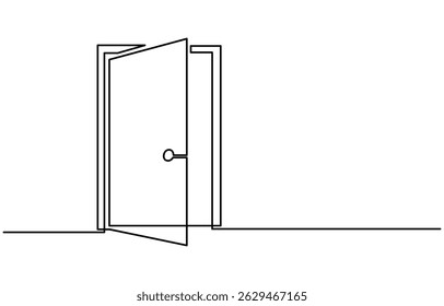 Open door one line illustration, welcome sign continuous line art drawing, Door outline drawing illustration. one continuous line drawing of opened door. A modern line art depiction of an open door in