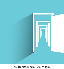 open door, opportunity concept, blue background, flat and shadow theme