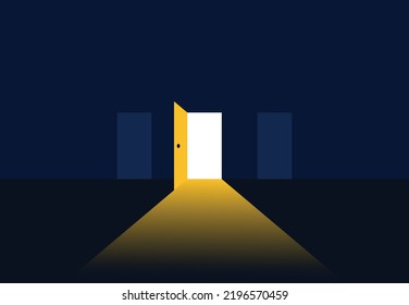 The open door out of the darkness to the light. Hope Concept. New Possibilities. Vector illustration