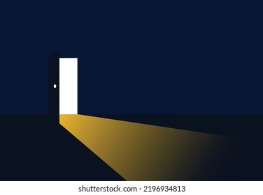 The open door out of the darkness to the light. Hope Concept. New Possibilities. Vector illustration