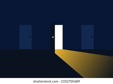 La puerta abierta de la oscuridad a la luz. Concepto de Esperanza. Nuevas Posibilidades. Ilustración del vector