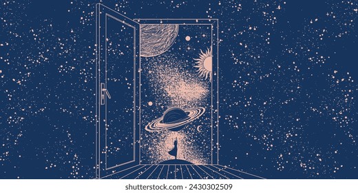 An open door to outer space with a girl standing with her back and flying planets. Concept illustration of imagination, mysticism and astrology, science. Vector surreal banner.