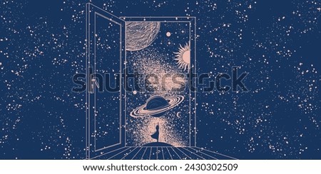 An open door to outer space with a girl standing with her back and flying planets. Concept illustration of imagination, mysticism and astrology, science. Vector surreal banner.