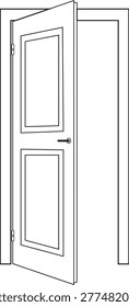 Open door outline illustration in clean line art style, showing a partially opened door with detailed frame and handle. Minimal black and white vector design representing entry, opportunity, access, and transition concepts. Perfect for architectural drawings, UI icons, security themes, home design projects, and business presentations. This high-quality editable outline is suitable for both digital and print use, ideal for infographics, clipart, and creative design elements. Isolated on a light background for easy integration.