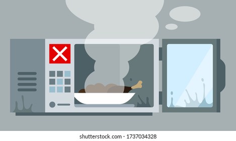 Open door oven. Broken microwave. Overheat food. Cook meal in oven. Instant food. Burn chicken.