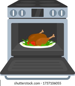 Open door oven. Cook meal in oven. Thanksgiving Day. Ready to eat. Baked chicken.