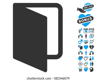 Open Door pictograph with bonus dating pictures. Vector illustration style is flat iconic blue and gray symbols on white background.