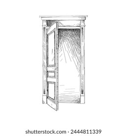 Open door position. Home entrance door, wooden front door sketch vector illustration