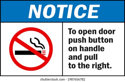 To Open Door Push Button And Pull Right Notice Sign With Symbol. Store Safety Signs And Symbols.