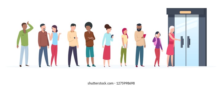 Open Door Queue. Trending People Characters Standing Outside Young Adult Customer Line Group Stylish Clothes. Flat Vector Illustration