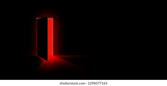 Puerta abierta con luz roja que atraviesa la puerta. Oscura sala de horror.