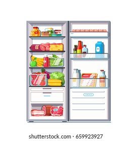Open door refrigerator full of vegetables, fruits, meat and dairy products. Fridge with freezer. Flat style vector illustration isolated on white background.