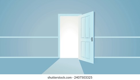 Öffne die Tür in einem Zimmer mit der Ausfahrt. Chromatisches Bild. Vektorhintergrund