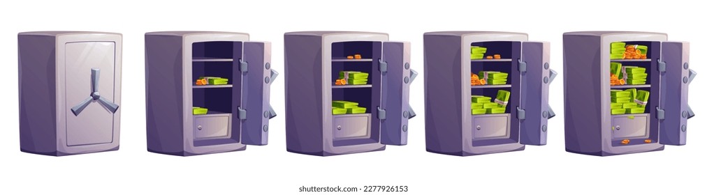 Open door safe box with money deposit vector set. Isolated cartoon safety locker with cash for game illustration on white background. Golden treasure secret storage. Png investment account protection