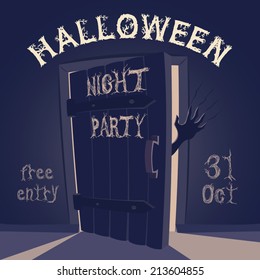 Open Door With Scary Hand On Halloween Night Party Poster