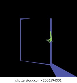 Open door with a scary monster hand sticking out of it. Vector illustration