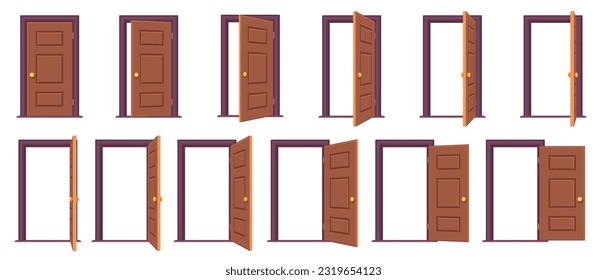 Open door sequence. Cartoon steps for animation of entrance and exit through door, white frames for sprite game asset. Vector isolated set of doorway entrance, entry open animation