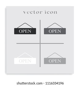 Open door sign flat black and white vector icon.