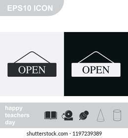 Open door sign flat black and white vector icon.