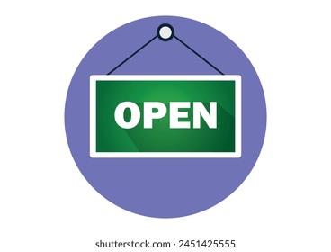 Open door sign flat design style. Graphic welcome icon hanging on shop door. Signboard for office, cafe, retail market. Information label or tag for supermarket retro style. vector illustration