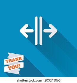 Open the door sign icon. Control in the elevator symbol. White flat icon with long shadow. Paper ribbon label with Thank you text. Vector