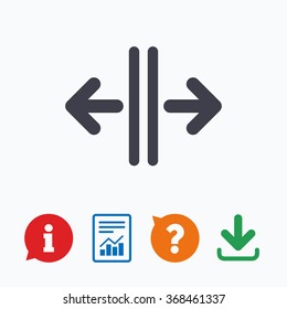 Open the door sign icon. Control in the elevator symbol. Information think bubble, question mark, download and report.