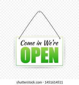 Open door sign. Door sign. Label with text in flat style.