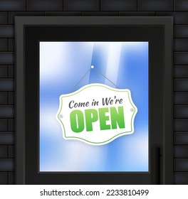 Open door sign. Door sign. Label with text in flat style.