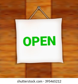 Open door sign on the wooden surface. Vector illustration for your graphic design.
