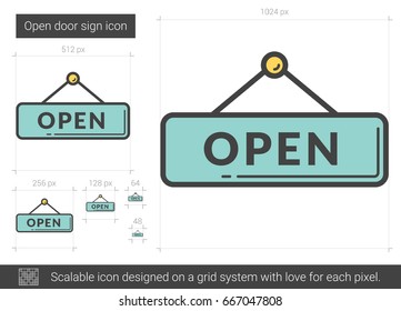 Open door sign vector line icon isolated on white background. Open door sign line icon for infographic, website or app. Scalable icon designed on a grid system.