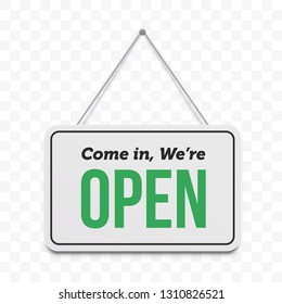 Open door sign. Vector We are open hanging signboard