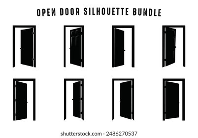Open Door Silhouette Clipart Bundle, Opening Door Vector black Silhouette Set