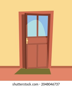 Open up door. Simple and flat style. Inside view from the room of the house. Yellow wall. Cartoon cute fairy tale design. Image background. Vector.