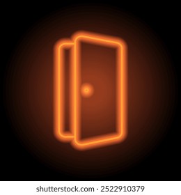 Open door simple icon vector. Flat design. Orange neon on black background.ai