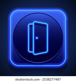 Open door simple icon vector. Flat design. Blue neon style on button. With shadow.ai