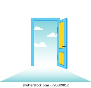Open door with sky. Vector illustration.