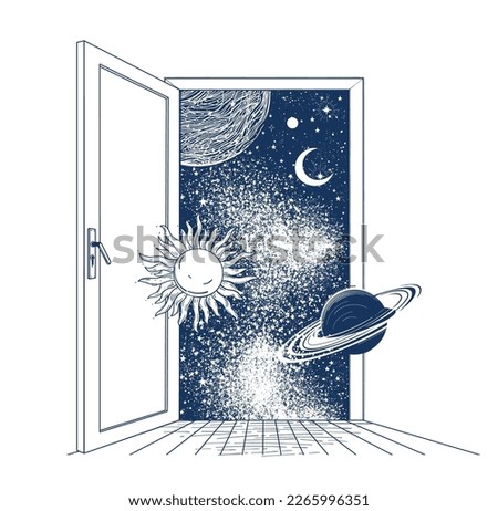 Open door to space with flying planets, sun and moon. Concept of imagination, new idea, new possibilities and new life. Vector illustration for t-shirt print, psychedelic card.