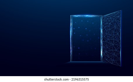 Open door to space, universe. Banner with glowing low poly door on dark blue background. Wireframe low poly design. Abstract futuristic vector illustration.