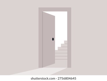An open door stands ajar, casting soft shadows on the floor, leading to a staircase that beckons curiosity, The simplicity of the setting invites contemplation and wonder.