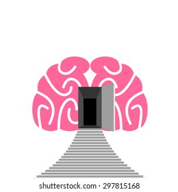 Open door and step of  human brain. Entrance into  subconscious. Vector illustration.