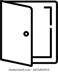 Uma porta aberta, simbolizando entrada, acesso e saída, com um design de contorno minimalista e estilo de ícone vetorial 100