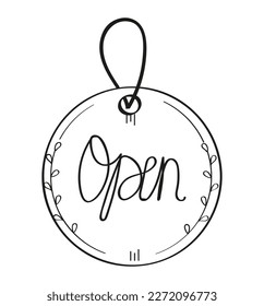 Open door tag vector hand drawn. Shop door badge illustration in doodle sketch style. Window open store label.