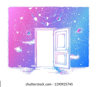 Open door tattoo. Symbol of imagination, creative idea, motivation, new life. Open door in universe t-shirt design. Surreal art 