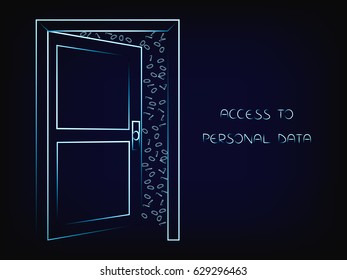 open door with text Personal Data on and messy binary code behind it, internet security vector illustration on mesh background