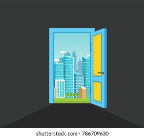 Open door with town. Vector illustration.