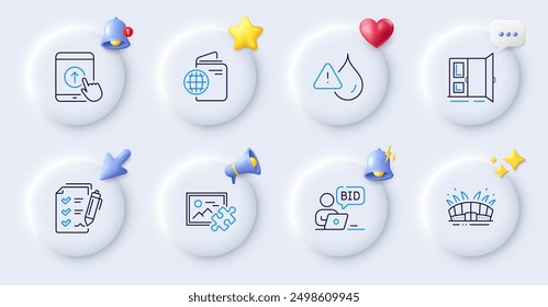 Open door, Travel passport and Survey checklist line icons. Buttons with 3d bell, chat speech, cursor. Pack of Online auction, Arena stadium, Swipe up icon. Puzzle image, Waterproof pictogram. Vector