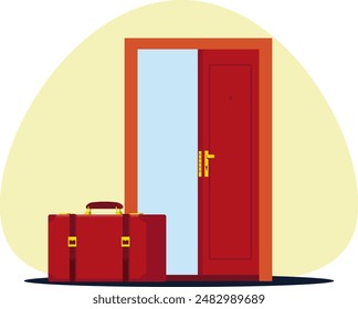 Open door with travel suitcase. Stock vector illustration