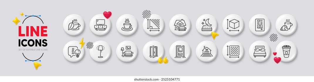 Open door, Triangle area and Stand lamp line icons. White buttons 3d icons. Pack of Takeaway coffee, Coffee vending, Pillows icon. Box size, Furniture, Terrace pictogram. Vector