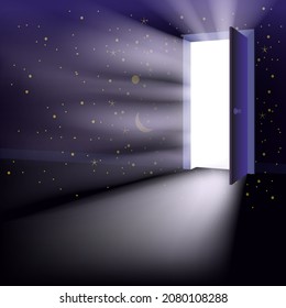 Puerta abierta en el universo, luz mística abstracta, estrellas galaxiales. Inhibición de la imaginación, el espacio exterior abriendo una puerta a un futuro desconocido. Ilustración del vector