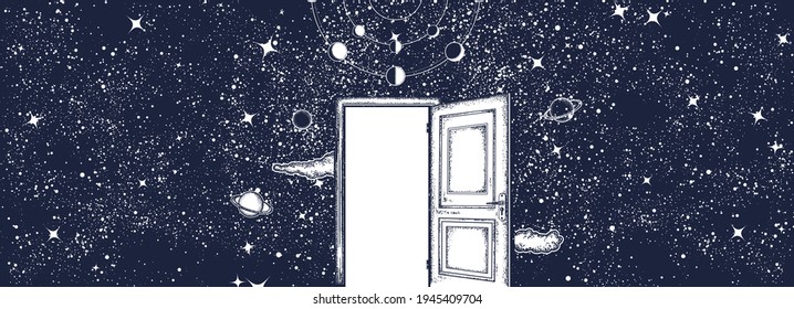 Open door in universe. Black and white surreal graphic. Symbol of imagination, creative idea, motivation, new life 